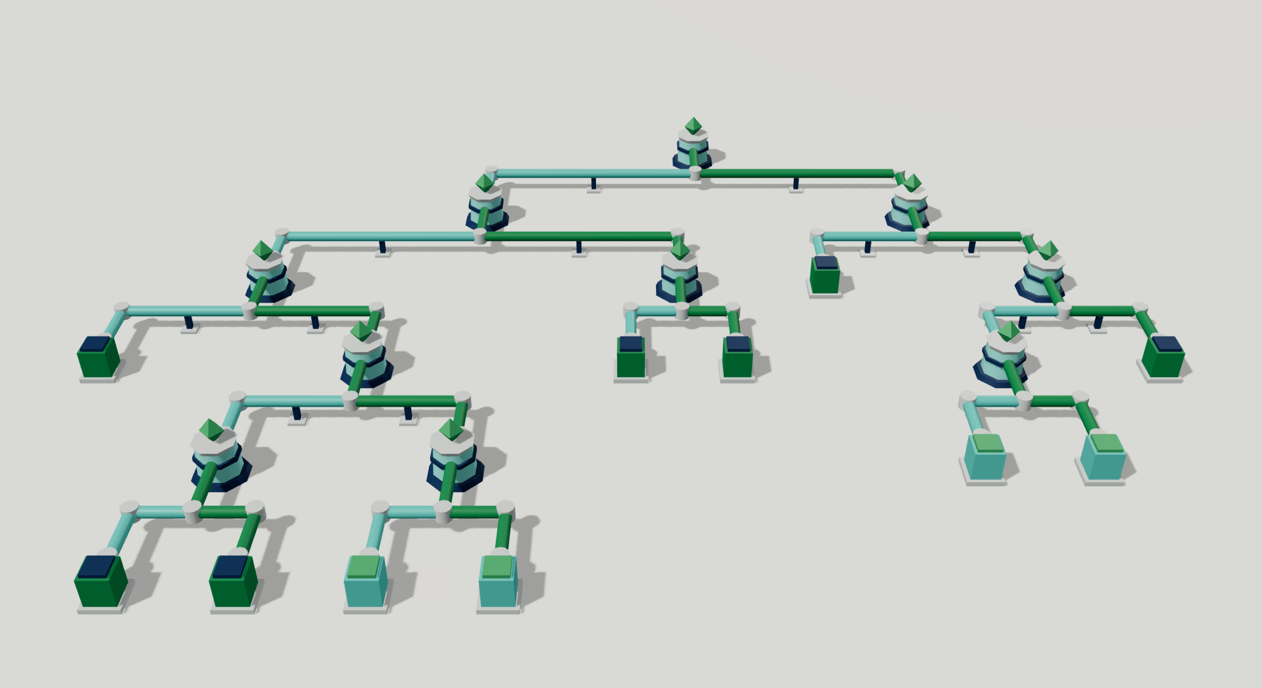 Decision tree in Qaike navy, teal and green, with one input splitting step by step into separate outcomes, illustrating how decision models route cases