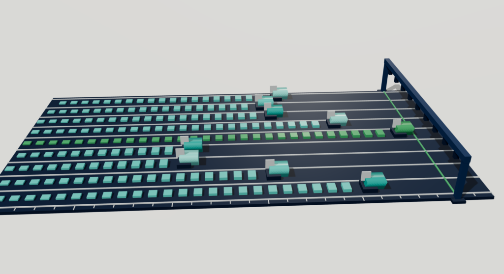 Rendered race track with parallel lanes of blocks and robots heading to a finish gantry, illustrating finance AI tools being benchmarked against each other