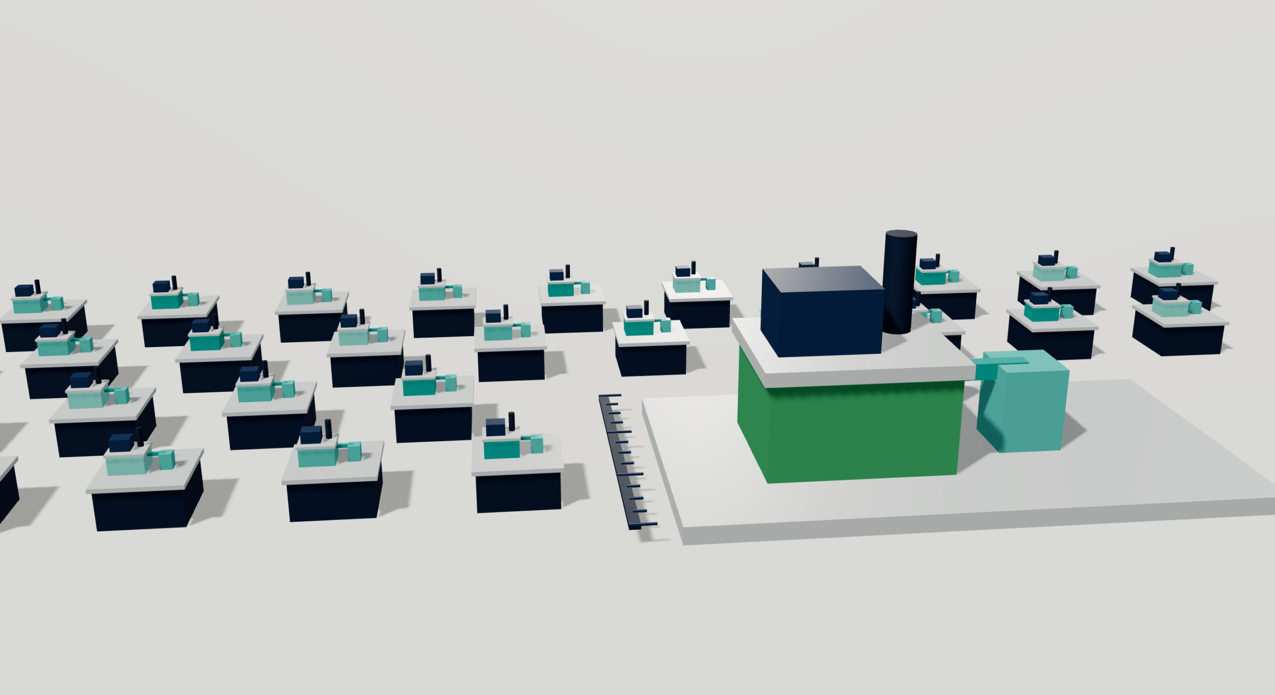 Rows of small identical desks beside one large green and navy workstation, showing many firms using AI quietly and few committing at scale