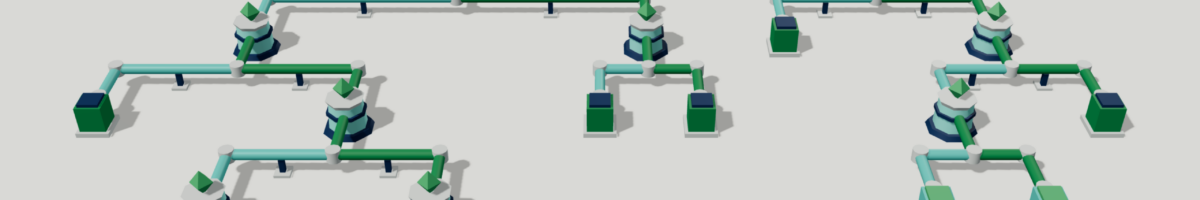 Decision tree in Qaike navy, teal and green, with one input splitting step by step into separate outcomes, illustrating how decision models route cases