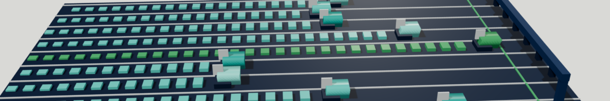 Rendered race track with parallel lanes of blocks and robots heading to a finish gantry, illustrating finance AI tools being benchmarked against each other